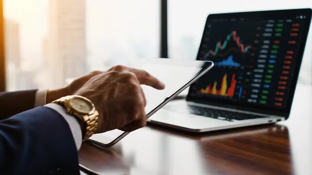 Hands scrolling tablet while laptop displays blurred finance content