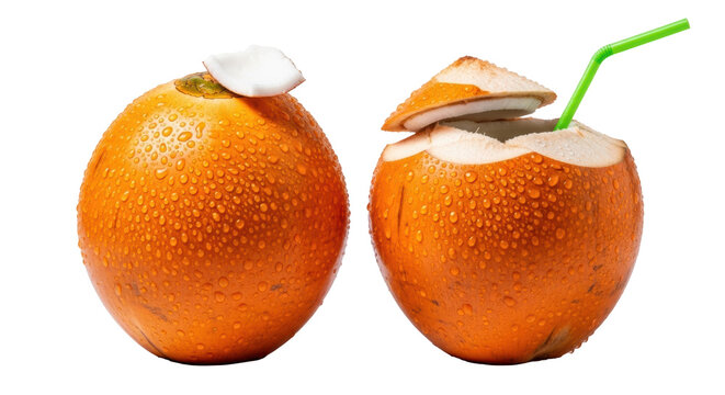 Vibrant orange King coconuts, one whole, one cut with green straw, glistening condensation, transparent studio background, copy space. Refreshing tropical beverage concept