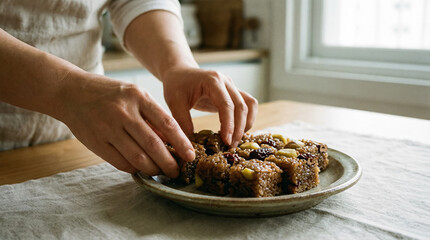 Hands Arranging Korean Yakbap Sweet Rice Cubes on Ceramic Plate Close View