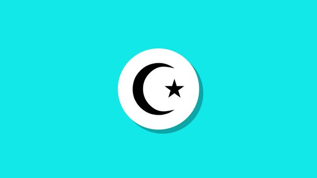 Islamic crescent moon and star symbol animation on turquoise background with motion graphic drop shadow effect