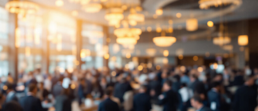 Blurred motion of large crowd attending business conference in modern hall. Defocused abstract background of corporate event networking, audience gathering in hotel lobby and busy exhibition center.