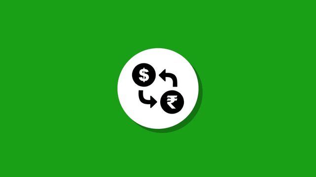 Animated currency exchange icon showing dollar to rupee conversion on green screen with smooth motion and flat design
