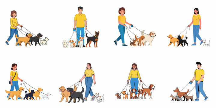 Dog Walker Illustrations Set: Diverse characters walking multiple dogs of various breeds on leashes, professional pet care service concept collection.