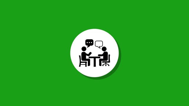 Two cartoon people sitting at a table with speech bubbles over their heads discussing business or work on green screen with motion