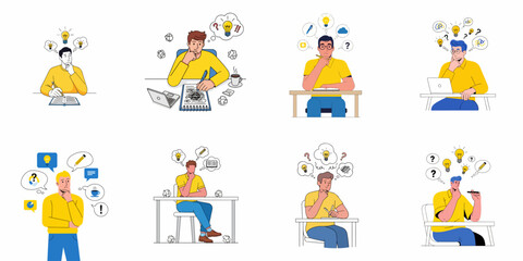 Fototapeta premium Collection of vector illustrations showing men brainstorming, solving problems, having ideas (lightbulbs), and coping with creative or writer's block.
