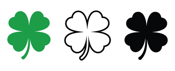 Four leaf clover flat icon graphics, lucky shamrock shapes in solid green black and line versions, decorative charm symbols, seasonal celebration theme, modern vector illustration. © Ayat 03