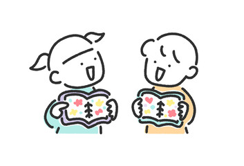 シール帳を使ってシール交換して遊ぶ女の子と男の子のかわいい線画