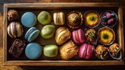 Obraz premium Assortment of colorful macarons, pastries, and tarts in a wooden box.
