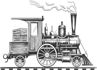 Vintage steam locomotive engine illustration, retro railway train with smoke, antique wood engraving style, vector © MdMajnur