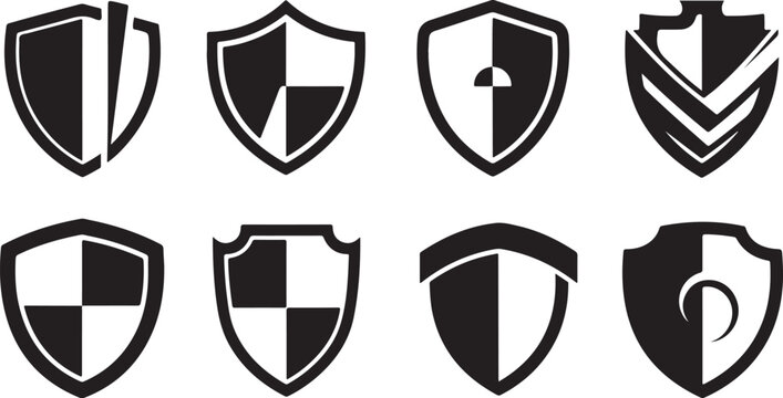 Set of black and white shield icons and symbols