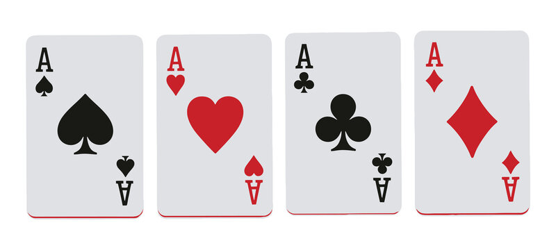Four aces playing cards, poker hand winning combination, casino gambling game elements, vector illustration