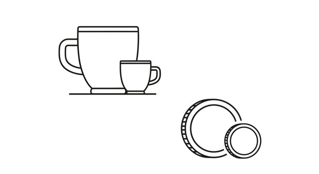 Coffee Cup Sizes and Coins Icon Set: Small and Large Mugs, Currency Symbols