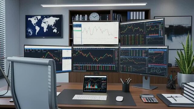 Modern Trading Desk with Multiple Monitors Displaying Stock Market Data