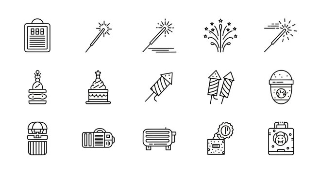 Collection of Celebration and Party Icons: Fireworks, Sparklers, Cake, Gifts, and More