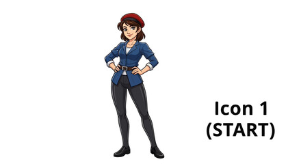 Fototapeta premium Confident Woman in Denim Jacket and Black Pants, Standing Pose, Ready for Action