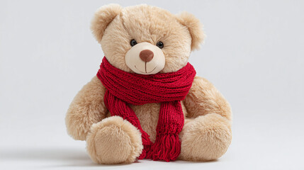 Adorable Teddy Bear Wearing a Red Scarf, Isolated on White Background, Studio Shot