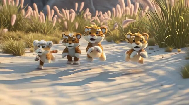 Cute Tiger Cartoon Cubs Adventure in the Pampas Grass Jungle