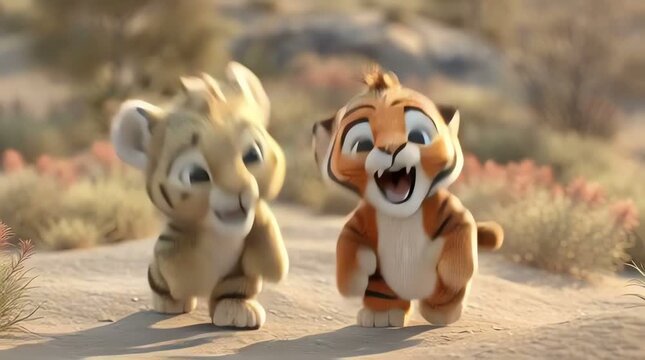 Happy baby tiger cartoon characters running and playing together
