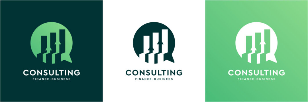 Modern Finance and Business Consulting Logo Template. Vector icon Rise Arrow Bar Chart and Speech Bubble concept.