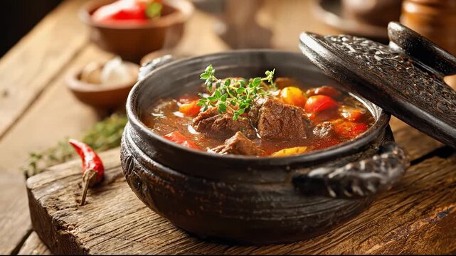 Beef goulash stew simmering in a rustic clay pot on a wooden board