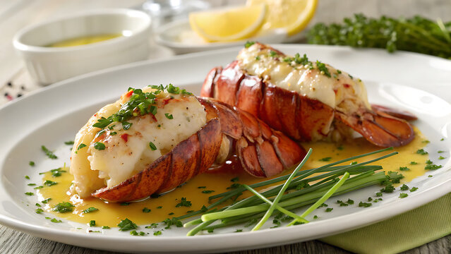 Gourmet butter poached lobster tails with lemon and herbs on white plate