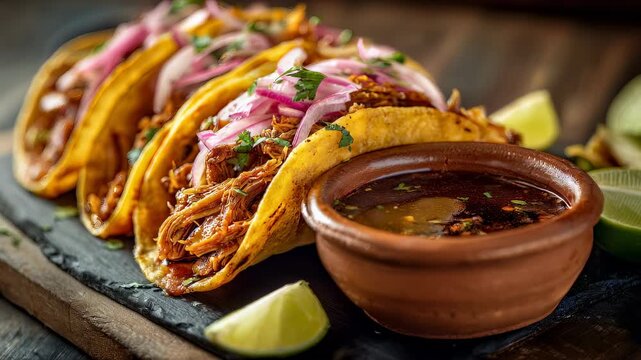 Cochinita pibil tacos with habanero sauce, traditional yucatan mexican street food, close up rustic plate on table background with copy space