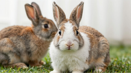 Plakat Close-up of Two Adorable Fluffy Rabbits Relaxing Peacefully on Lush Green Grass, Showcasing Their Gentle Nature and Soft Fur