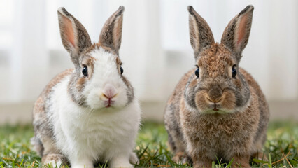 Obraz premium Adorable duo of fluffy pet rabbits, one brown and white, the other solid brown, sitting on vibrant green grass and looking curious