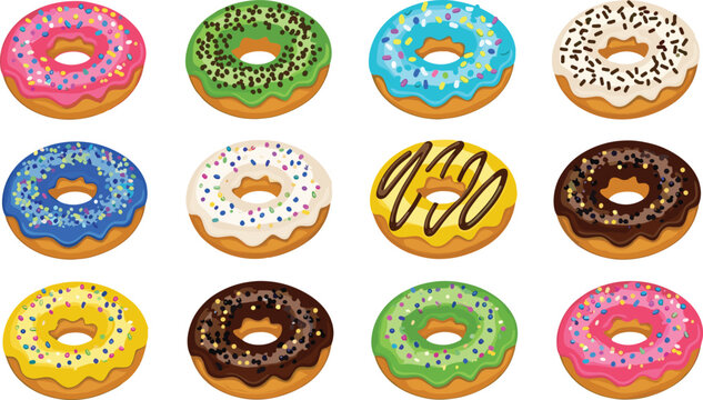 Colorful donut illustration set with icing, sprinkles, chocolate chips and drizzle patterns, sweet bakery dessert artwork in playful cartoon style for food design
