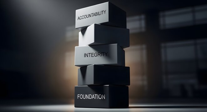 3D rendering of stacked blocks with words Accountability, Integrity, and Foundation, representing business ethics and corporate pillars