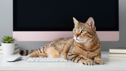 Contented tabby cat finds a cozy spot on a clean white desk, resting beside a modern computer setup, adding a touch of warmth to a digital home office