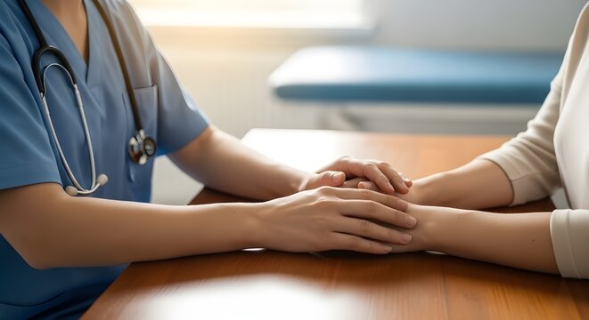 Joven enfermera que cuida al paciente con apoyo manual, trabajador de la salud compasivo que ofrece comodidad y tranquilidad en el entorno cl&iacute;nico