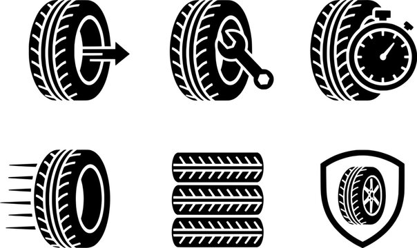 Car tire service and maintenance icon set featuring tire pressure, repair wrench, wheel alignment, and new tire storage symbols.