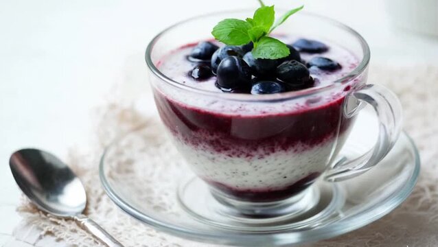 Fresh Blueberry Pudding in a Clear Glass Dessert Cup, Layered with Smooth Creamy Vanilla Custard and Sweet Blueberry Compote, Topped with Fresh Whole Blueberries, Mint Leaf, and Edible Flower. Deep Pu