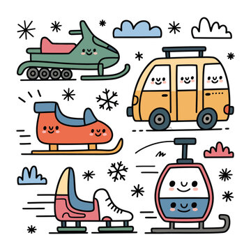 Winter Transport Illustration: A delightful illustration showcases a set of winter transport vehicles. Including a snowmobile, sleigh, ski bus, and cable car. The image evokes feelings of festive.