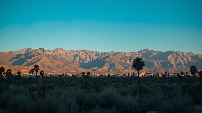 Palm trees and desert mountain panorama in Palm Springs, Coachella Valley landscape, California