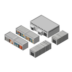 Isometric illustration of industrial containers and warehouse.