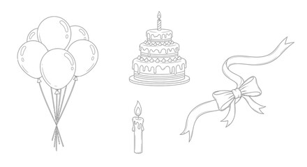 Fototapeta premium Birthday Celebration Elements: Balloons, Cake, Candle, Ribbon - Line Art Illustration