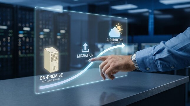 Businessman migrating to cloud native technology with modern server infrastructure