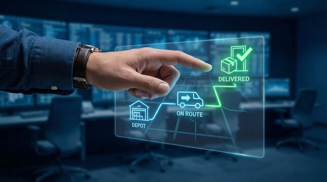 Businessman interacting with logistics tracking interface in modern office