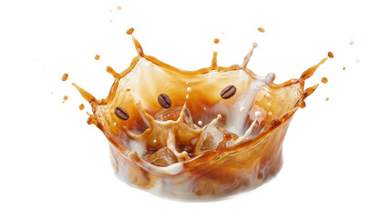 Spectacular dynamic splash of iced coffee mixing with cold milk and flying beans, extreme high-speed motion freeze, isolated subject on a transparent background.