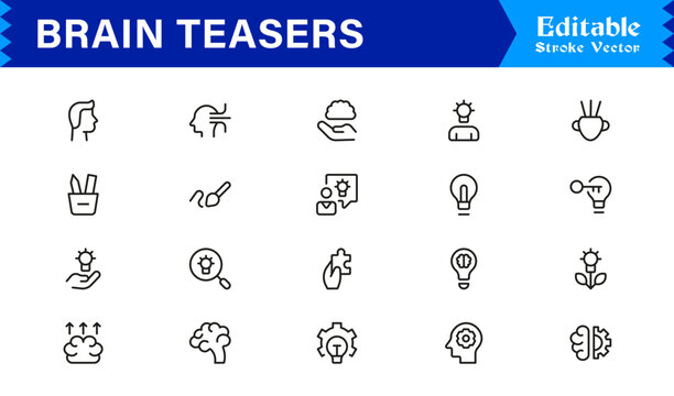 Brain Teasers And Puzzle Challenges Professional Line Icon Set &ndash; Minimal Modern Outline Collection Featuring Riddles, Logic Games, IQ Symbols, and Mind Training
