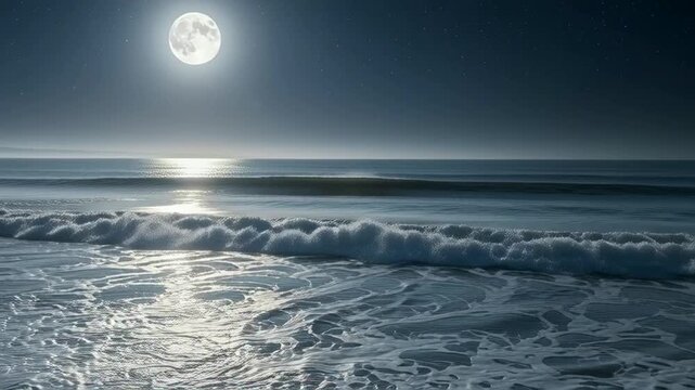 Serene Moonlit Ocean Waves Under Starry Night Sky