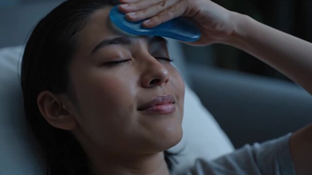 Young Woman Using Cooling Gel Pack for Facial Massage and Stress Relief While Relaxing at Home in Soft Lighting