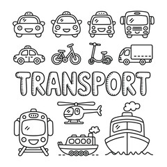 Transportation Illustration: A charming, hand-drawn illustration showcases a variety of transportation modes, perfect for educational and playful designs. 