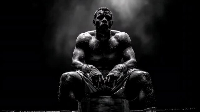 Muscular boxer resting in a dark gym after intense training. This powerful fighter and champion strength scene shows a sweating athlete for a mental toughness and sports motivation concept.