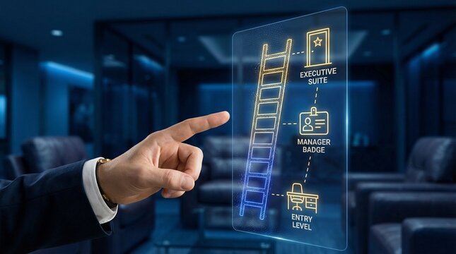 Businessman interacting with career advancement ladder on transparent screen
