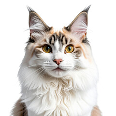 Close up of cat with black background and white fur on it.