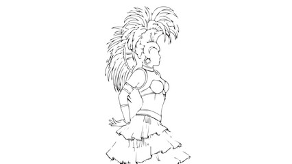 Fototapeta premium Sketch of a smiling girl in a short frilly dress with a ponytail.