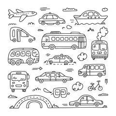 Doodle Transport Collection: A whimsical, hand-drawn assortment of various transportations, embodying playful creativity and the spirit of exploration. © azizunnahar